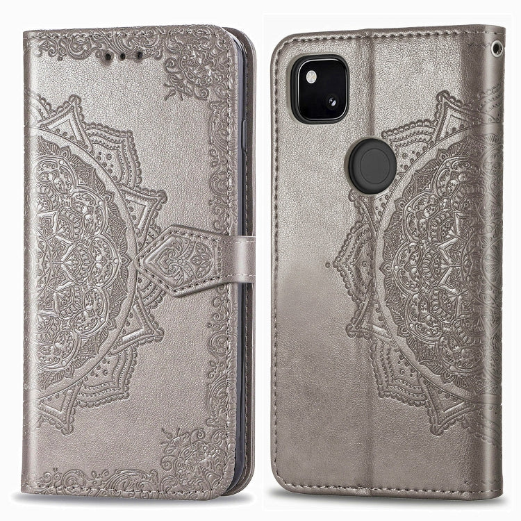 For Google Pixel 4a Mandala Flower Embossed Horizontal Flip Leather Case with Bracket / Card Slot / Wallet / Lanyard(Gray)