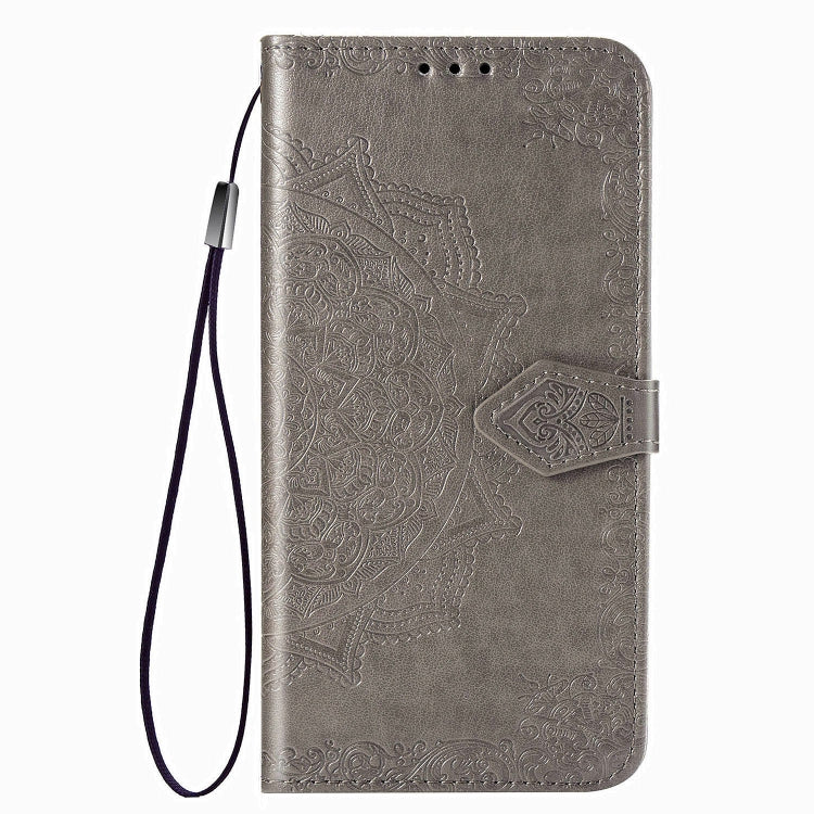 For Google Pixel 4a Mandala Flower Embossed Horizontal Flip Leather Case with Bracket / Card Slot / Wallet / Lanyard(Gray)