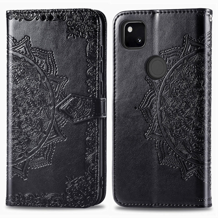 For Google Pixel 4a Mandala Flower Embossed Horizontal Flip Leather Case with Bracket / Card Slot / Wallet / Lanyard(Black)