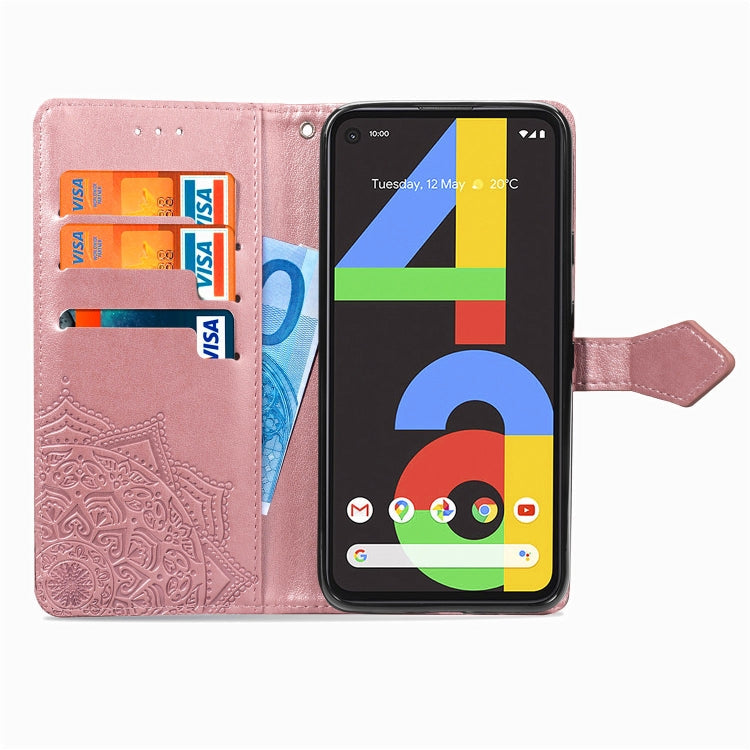 For Google Pixel 4a Mandala Flower Embossed Horizontal Flip Leather Case with Bracket / Card Slot / Wallet / Lanyard(Rose Gold)