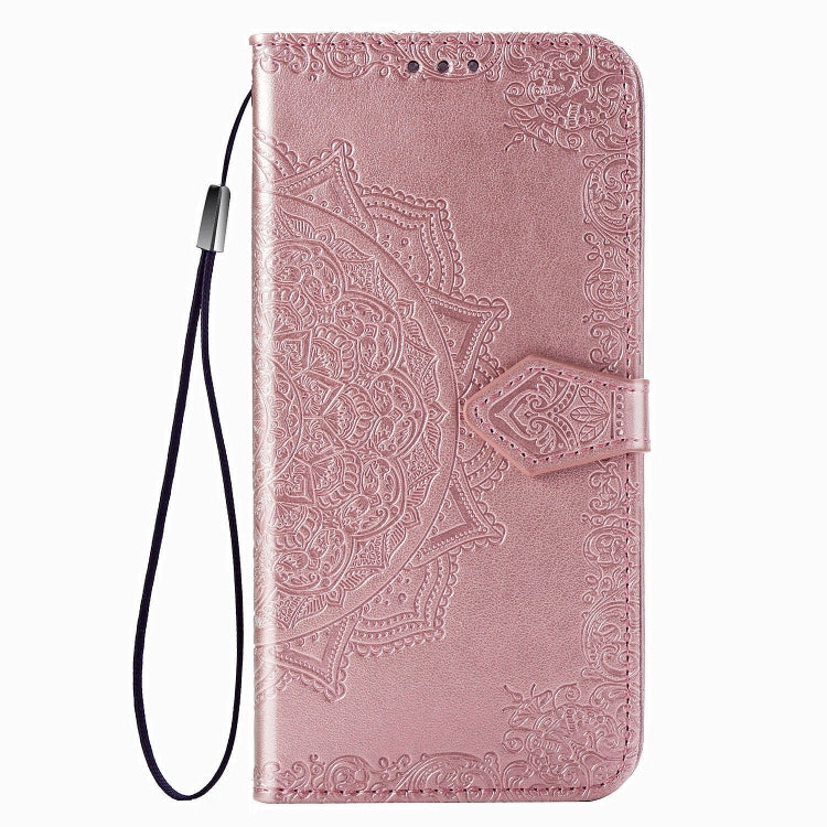 For Google Pixel 4a Mandala Flower Embossed Horizontal Flip Leather Case with Bracket / Card Slot / Wallet / Lanyard(Rose Gold)
