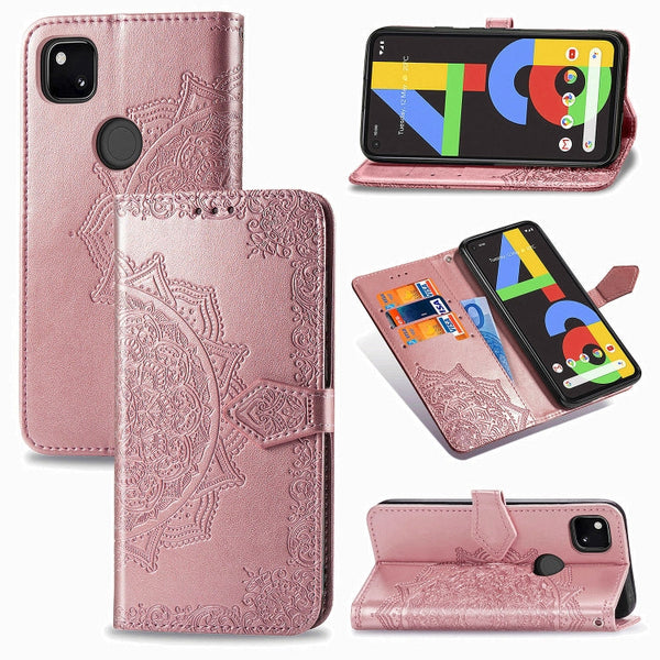 For Google Pixel 4a Mandala Flower Embossed Horizontal Flip Leather Case with Bracket / Card Slot / Wallet / Lanyard(Rose Gold)
