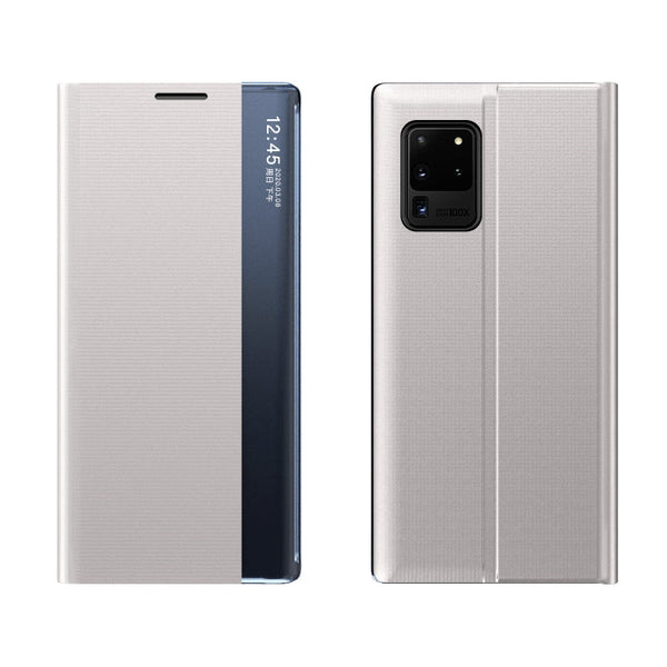 For Samsung Galaxy Note20 Ultra Side Window Display with Magnetic Suction / Bracket / Sleep Function / Plain Leather + PC Flip Phone Case(Silver)