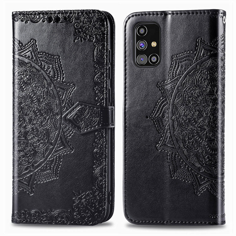 For Samsung Galaxy M31s Mandala Flower Embossed Horizontal Flip Leather Case with Bracket / Card Slot / Wallet / Lanyard(Black)