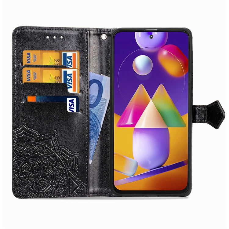 For Samsung Galaxy M31s Mandala Flower Embossed Horizontal Flip Leather Case with Bracket / Card Slot / Wallet / Lanyard(Black)
