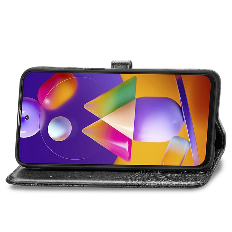 For Samsung Galaxy M31s Mandala Flower Embossed Horizontal Flip Leather Case with Bracket / Card Slot / Wallet / Lanyard(Black)