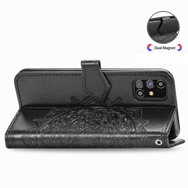 For Samsung Galaxy M31s Mandala Flower Embossed Horizontal Flip Leather Case with Bracket / Card Slot / Wallet / Lanyard(Black)