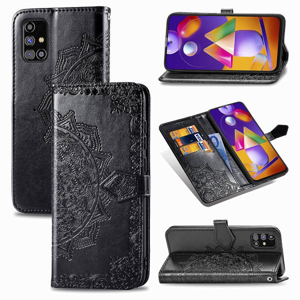For Samsung Galaxy M31s Mandala Flower Embossed Horizontal Flip Leather Case with Bracket / Card Slot / Wallet / Lanyard(Black)