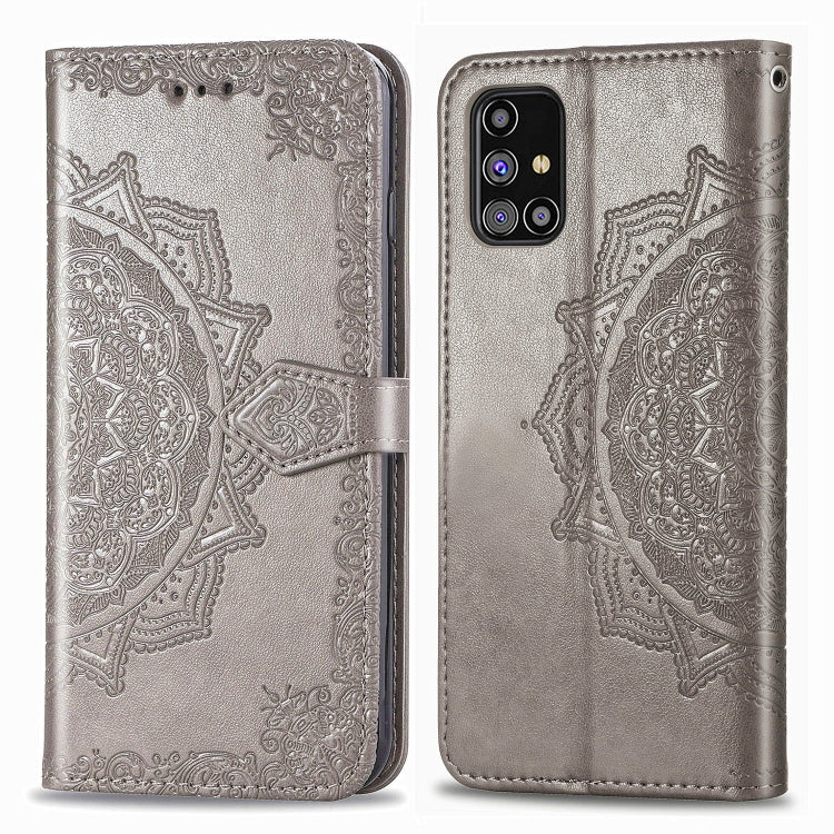 For Samsung Galaxy M31s Mandala Flower Embossed Horizontal Flip Leather Case with Bracket / Card Slot / Wallet / Lanyard(Gray)