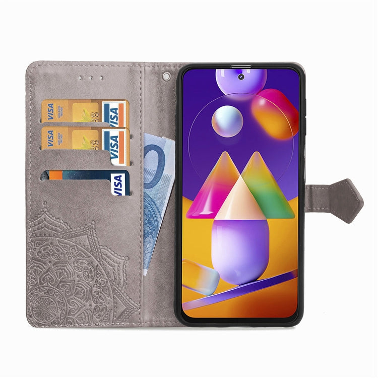 For Samsung Galaxy M31s Mandala Flower Embossed Horizontal Flip Leather Case with Bracket / Card Slot / Wallet / Lanyard(Gray)