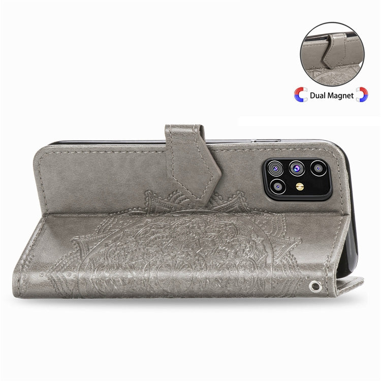 For Samsung Galaxy M31s Mandala Flower Embossed Horizontal Flip Leather Case with Bracket / Card Slot / Wallet / Lanyard(Gray)