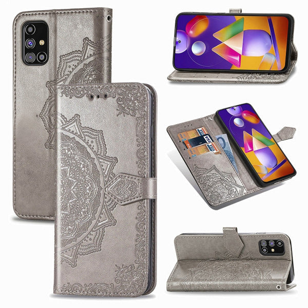 For Samsung Galaxy M31s Mandala Flower Embossed Horizontal Flip Leather Case with Bracket / Card Slot / Wallet / Lanyard(Gray)