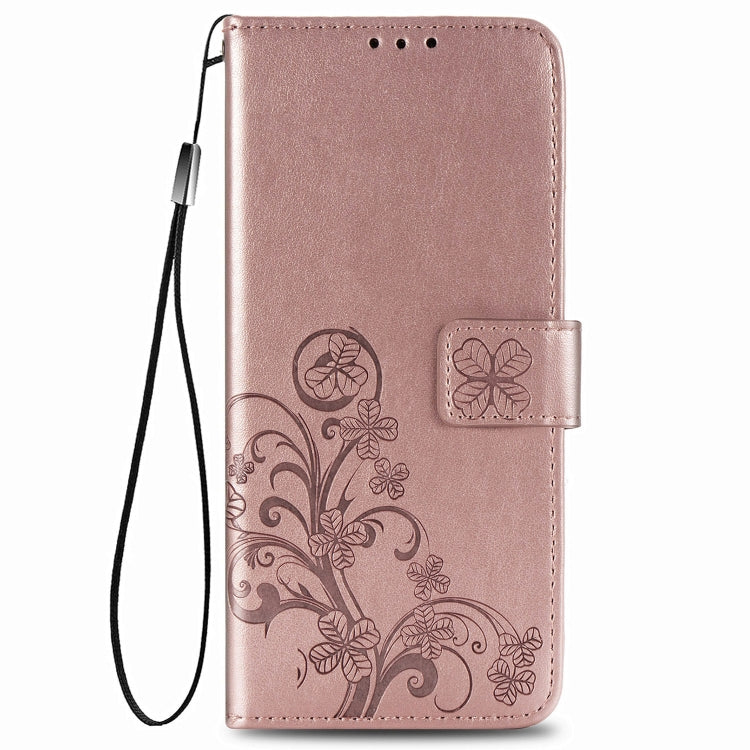 For LG Velvet 5G Four-leaf Clasp Embossed Buckle Mobile Phone Protection Leather Case with Lanyard & Card Slot & Wallet & Bracket Function(Rose Gold)