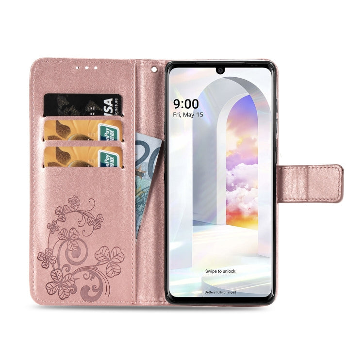 For LG Velvet 5G Four-leaf Clasp Embossed Buckle Mobile Phone Protection Leather Case with Lanyard & Card Slot & Wallet & Bracket Function(Rose Gold)