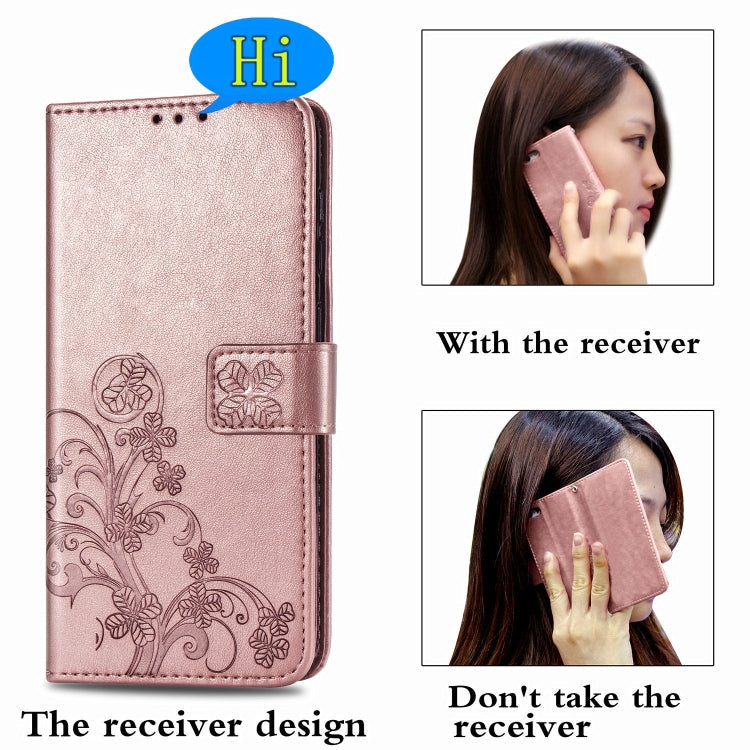 For LG Velvet 5G Four-leaf Clasp Embossed Buckle Mobile Phone Protection Leather Case with Lanyard & Card Slot & Wallet & Bracket Function(Rose Gold)