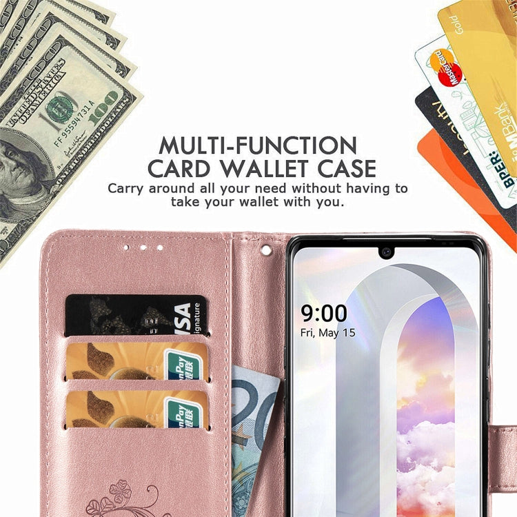 For LG Velvet 5G Four-leaf Clasp Embossed Buckle Mobile Phone Protection Leather Case with Lanyard & Card Slot & Wallet & Bracket Function(Rose Gold)