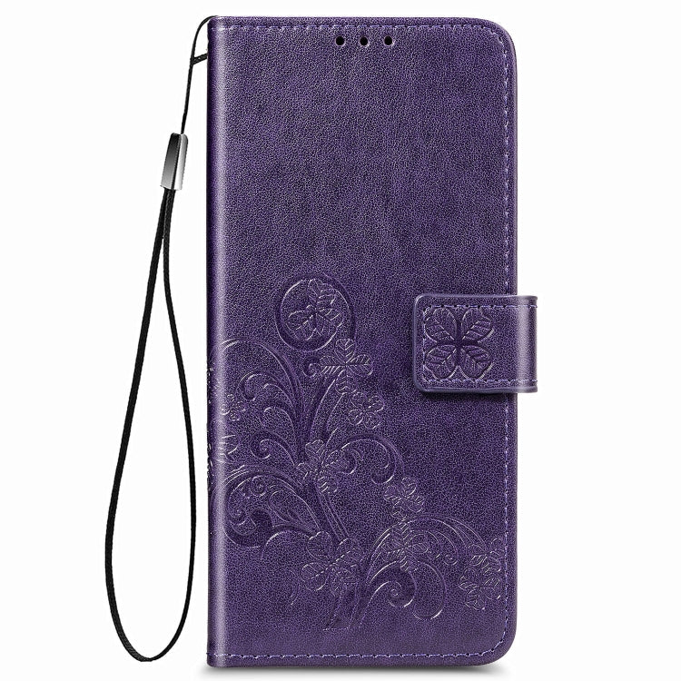 For LG Velvet 5G Four-leaf Clasp Embossed Buckle Mobile Phone Protection Leather Case with Lanyard & Card Slot & Wallet & Bracket Function(Purple)
