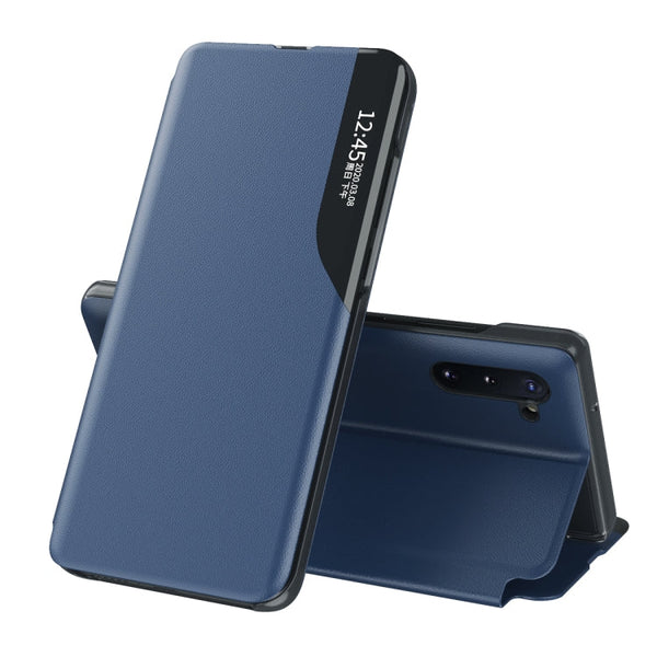 For Samsung Galaxy Note 10 Plus Side Display Magnetic Shockproof Horizontal Flip Leather Case with Holder(Blue)