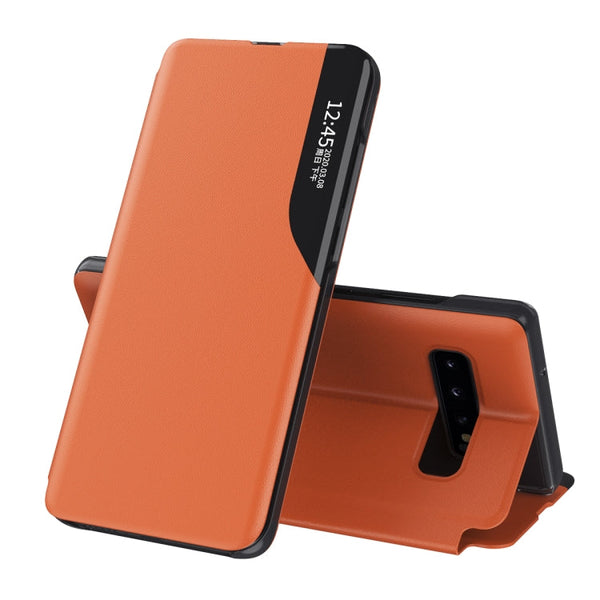 For Samsung Galaxy S10 Side Display Magnetic Shockproof Horizontal Flip Leather Case with Holder(Orange)