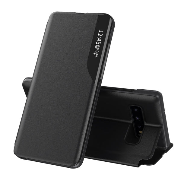For Samsung Galaxy S10 Plus Side Display Magnetic Shockproof Horizontal Flip Leather Case with Holder(Black)