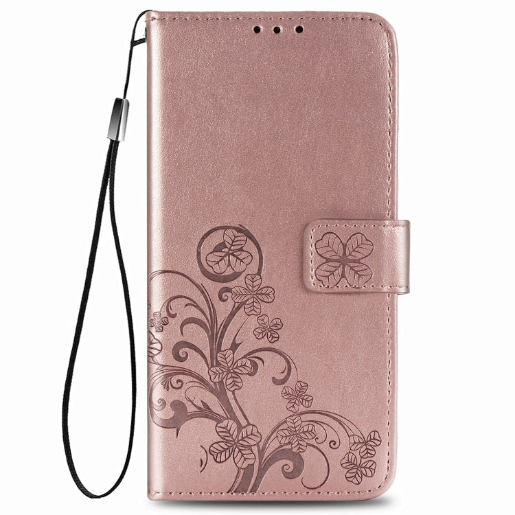For Motorola Moto G9 Play Four-leaf Clasp Embossed Buckle Mobile Phone Protection Leather Case with Lanyard & Card Slot & Wallet & Bracket Function(Rose Gold)
