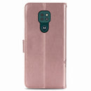 For Motorola Moto G9 Play Four-leaf Clasp Embossed Buckle Mobile Phone Protection Leather Case with Lanyard & Card Slot & Wallet & Bracket Function(Rose Gold)