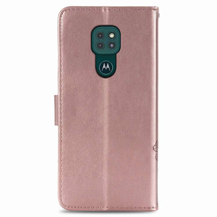 For Motorola Moto G9 Play Four-leaf Clasp Embossed Buckle Mobile Phone Protection Leather Case with Lanyard & Card Slot & Wallet & Bracket Function(Rose Gold)