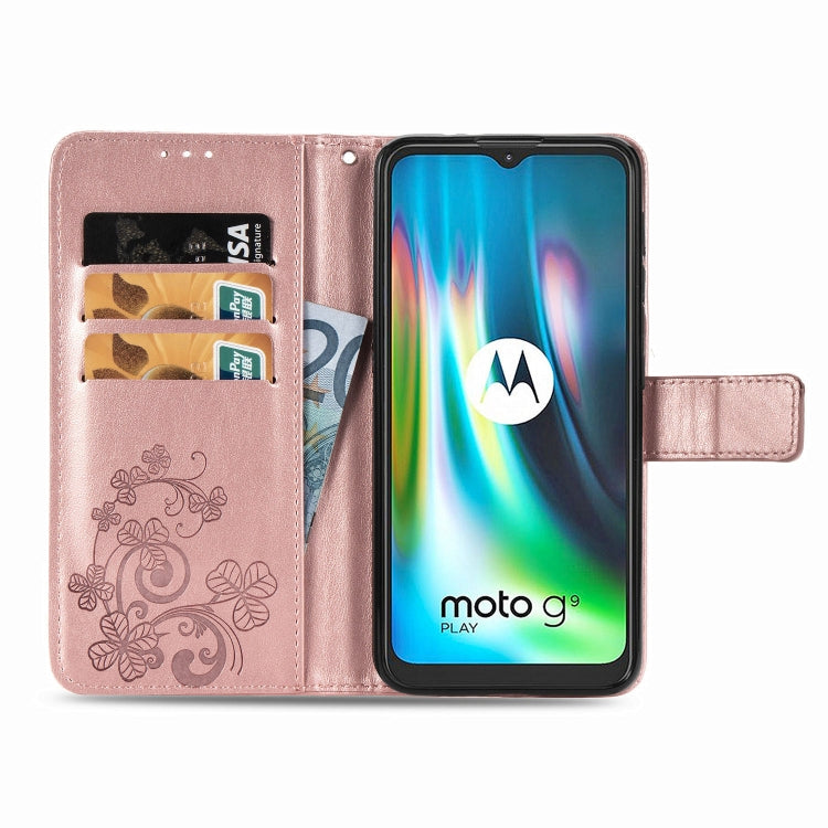 For Motorola Moto G9 Play Four-leaf Clasp Embossed Buckle Mobile Phone Protection Leather Case with Lanyard & Card Slot & Wallet & Bracket Function(Rose Gold)