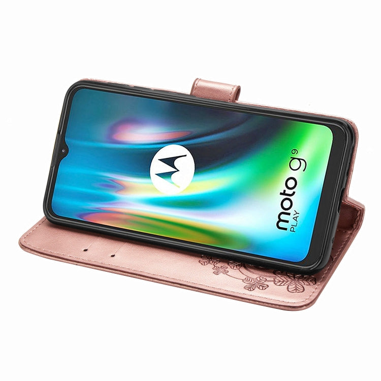 For Motorola Moto G9 Play Four-leaf Clasp Embossed Buckle Mobile Phone Protection Leather Case with Lanyard & Card Slot & Wallet & Bracket Function(Rose Gold)