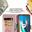 For Motorola Moto G9 Play Four-leaf Clasp Embossed Buckle Mobile Phone Protection Leather Case with Lanyard & Card Slot & Wallet & Bracket Function(Rose Gold)