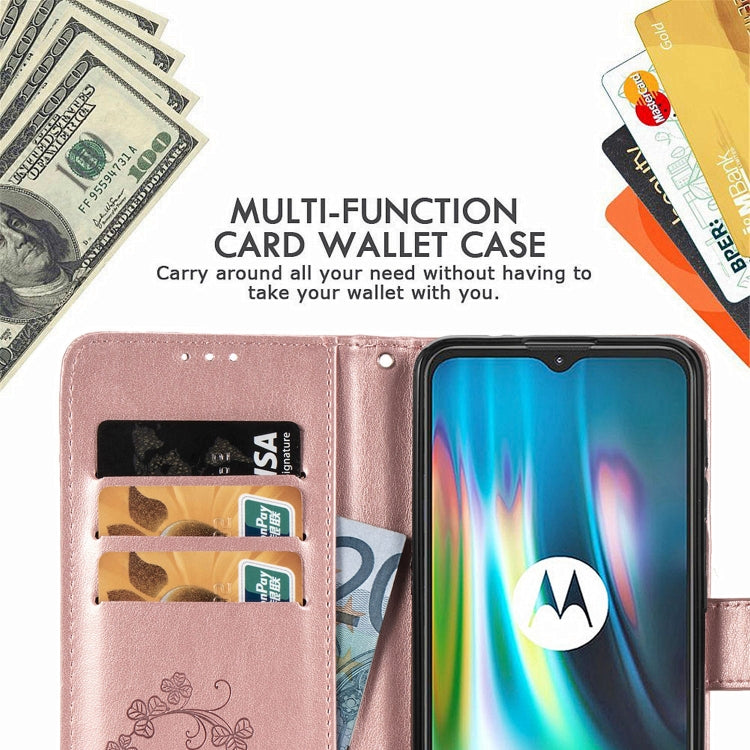 For Motorola Moto G9 Play Four-leaf Clasp Embossed Buckle Mobile Phone Protection Leather Case with Lanyard & Card Slot & Wallet & Bracket Function(Rose Gold)