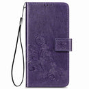 For Oppo A53 2020 Four-leaf Clasp Embossed Buckle Mobile Phone Protection Leather Case with Lanyard & Card Slot & Wallet & Bracket Function(Purple)