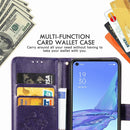 For Oppo A53 2020 Four-leaf Clasp Embossed Buckle Mobile Phone Protection Leather Case with Lanyard & Card Slot & Wallet & Bracket Function(Purple)
