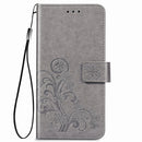 For Oppo A53 2020 Four-leaf Clasp Embossed Buckle Mobile Phone Protection Leather Case with Lanyard & Card Slot & Wallet & Bracket Function(Gray)