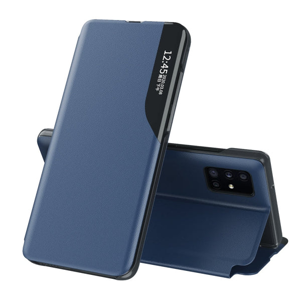 For Samsung Galaxy S20 FE/S20 Lite Side Display Magnetic Shockproof Horizontal Flip Leather Case with Holder(Blue)