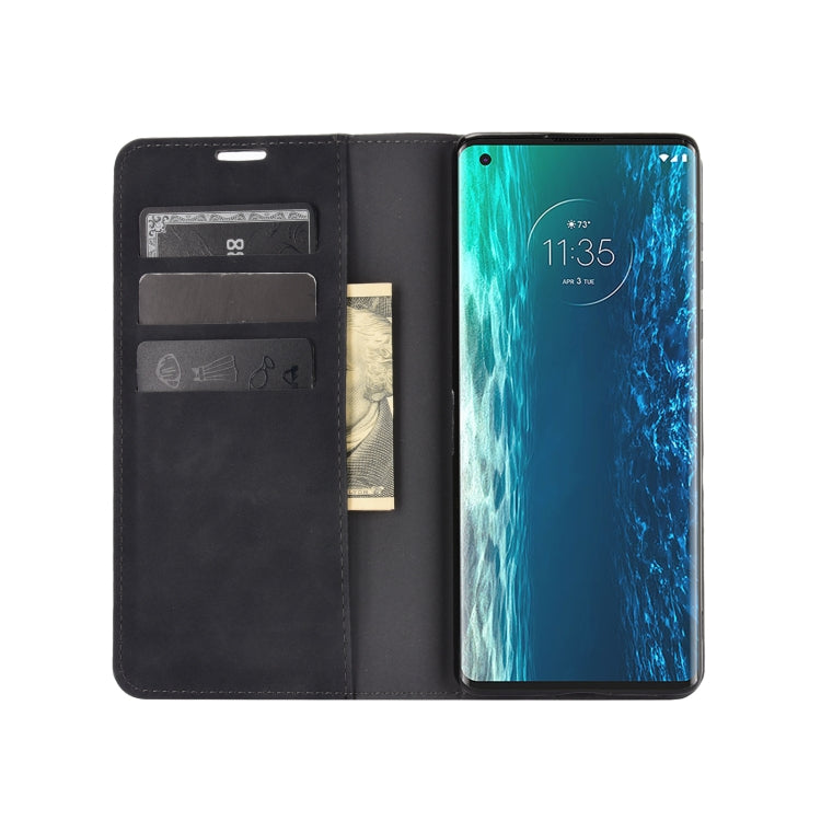 For Motorola Moto Edge Retro-skin Business Magnetic Suction Leather Case with Holder & Card Slots & Wallet(Black)