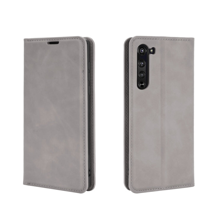 For Motorola Moto Edge Retro-skin Business Magnetic Suction Leather Case with Holder & Card Slots & Wallet(Grey)