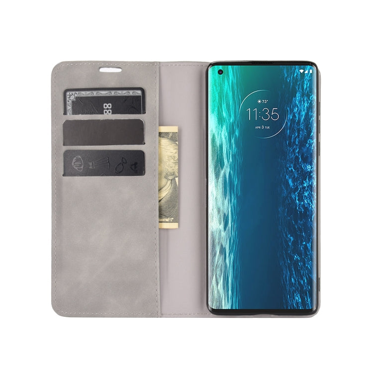 For Motorola Moto Edge Retro-skin Business Magnetic Suction Leather Case with Holder & Card Slots & Wallet(Grey)