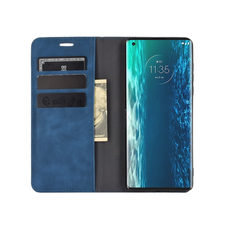 For Motorola Moto Edge Retro-skin Business Magnetic Suction Leather Case with Holder & Card Slots & Wallet(Dark Blue)