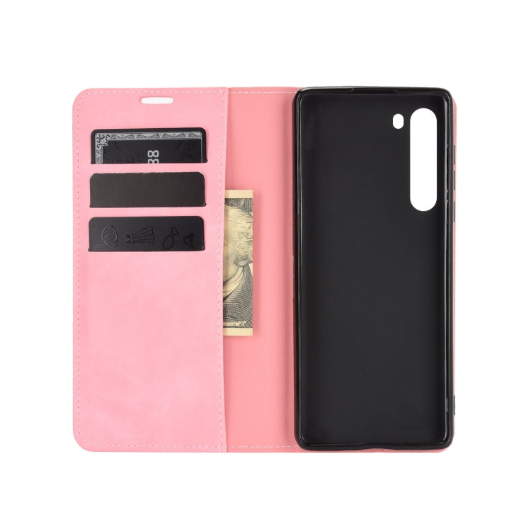 For Motorola Moto Edge Retro-skin Business Magnetic Suction Leather Case with Holder & Card Slots & Wallet(Pink)