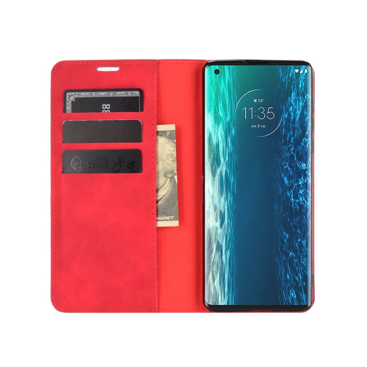 For Motorola Moto Edge Retro-skin Business Magnetic Suction Leather Case with Holder & Card Slots & Wallet(Red)