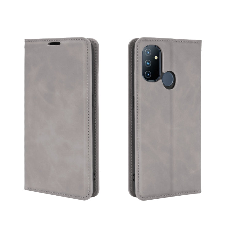 For OnePlus Nord N100 Retro-skin Business Magnetic Suction Leather Case with Holder & Card Slots & Wallet(Grey)