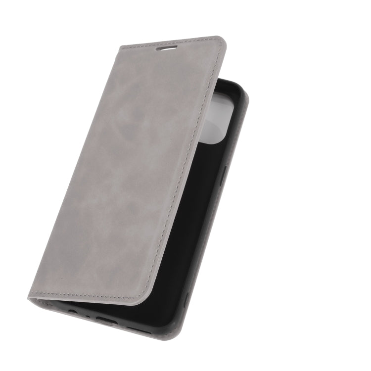 For OnePlus Nord N100 Retro-skin Business Magnetic Suction Leather Case with Holder & Card Slots & Wallet(Grey)