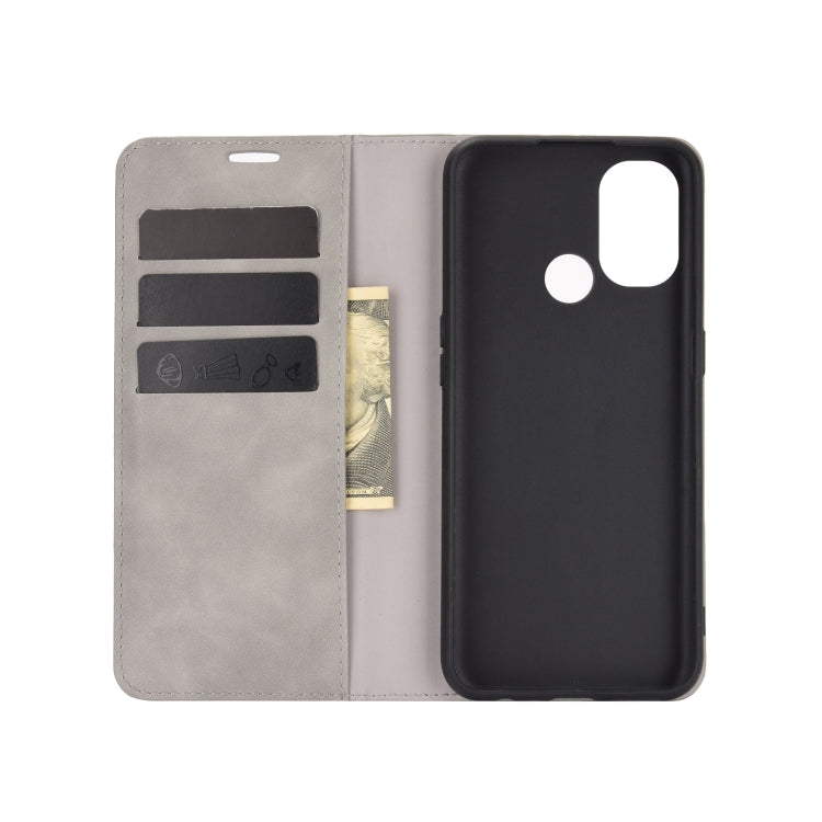 For OnePlus Nord N100 Retro-skin Business Magnetic Suction Leather Case with Holder & Card Slots & Wallet(Grey)
