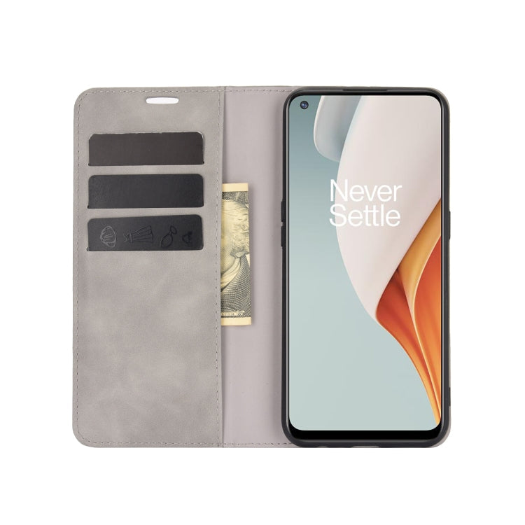 For OnePlus Nord N100 Retro-skin Business Magnetic Suction Leather Case with Holder & Card Slots & Wallet(Grey)