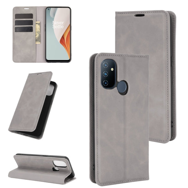 For OnePlus Nord N100 Retro-skin Business Magnetic Suction Leather Case with Holder & Card Slots & Wallet(Grey)