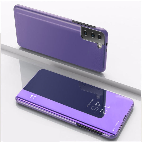 For Samsung Galaxy S21 5G Plated Mirror Horizontal Flip Leather Case with Holder(Purple Blue)