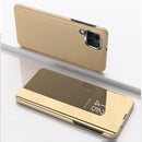 For Samsung Galaxy A12 Plated Mirror Horizontal Flip Leather Case with Holder(Gold)