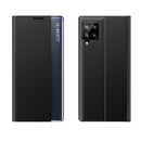 For Samsung Galaxy A12 5G Side Display Magnetic Horizontal Flip Plain Texture Cloth + PC Case with Holder & Sleep / Wake-up Function(Black)