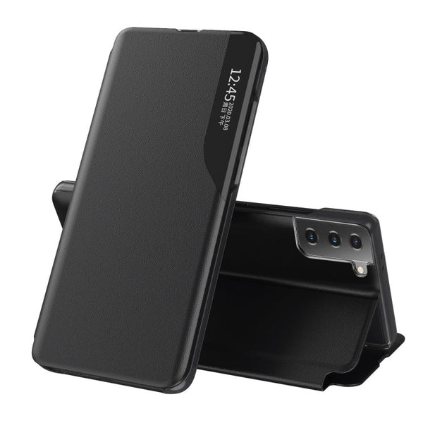 For Samsung Galaxy S21 5G Side Display Shockproof Horizontal Flip Leather Case with Holder(Black)